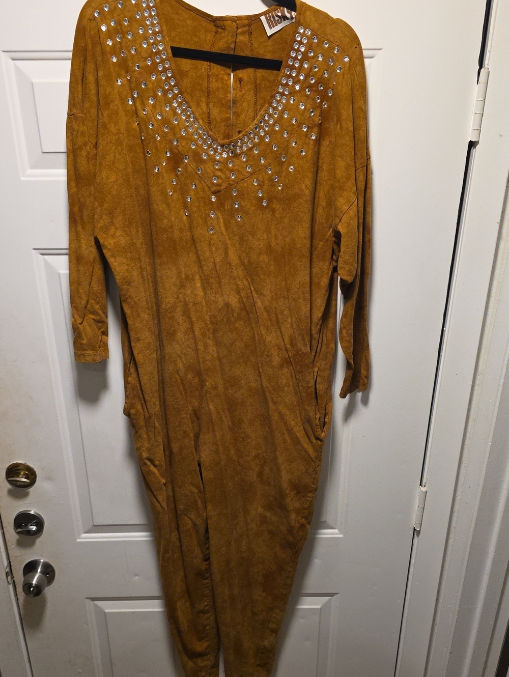 90s Vintage Risky Orange Mustard Studded V-Neck Jumpsuit